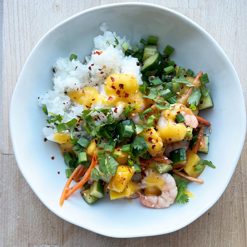 Overhead view of a Mango Sushi Bowl.