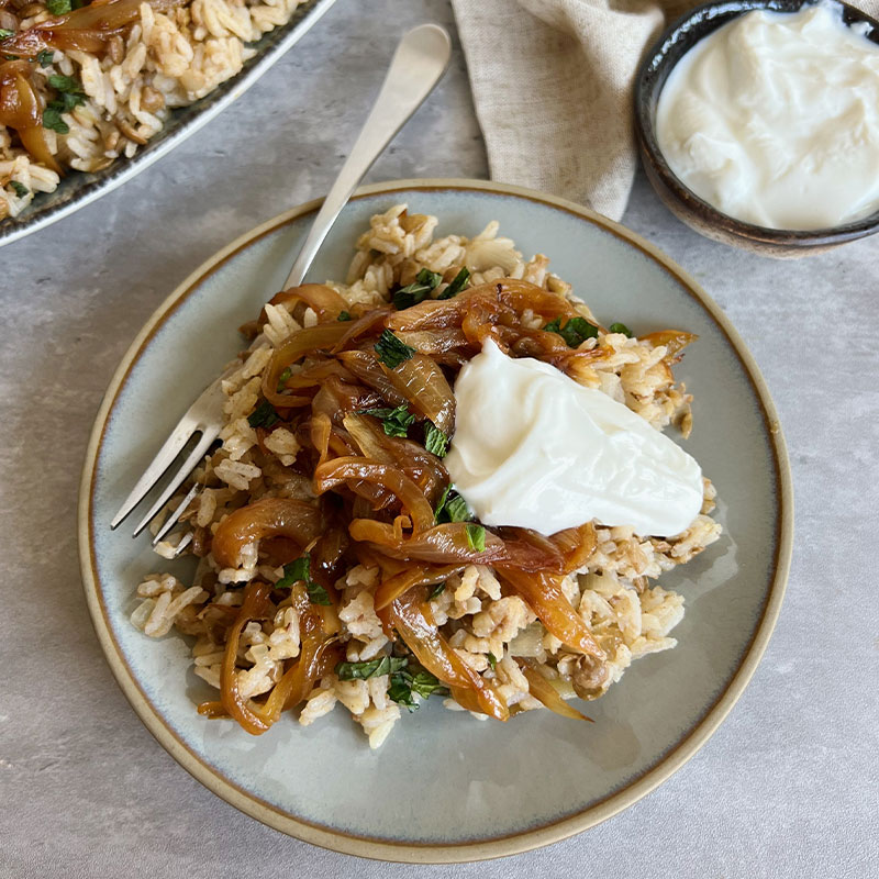 A overhead view of a single serving of Mujadre topped with caramelized onions.