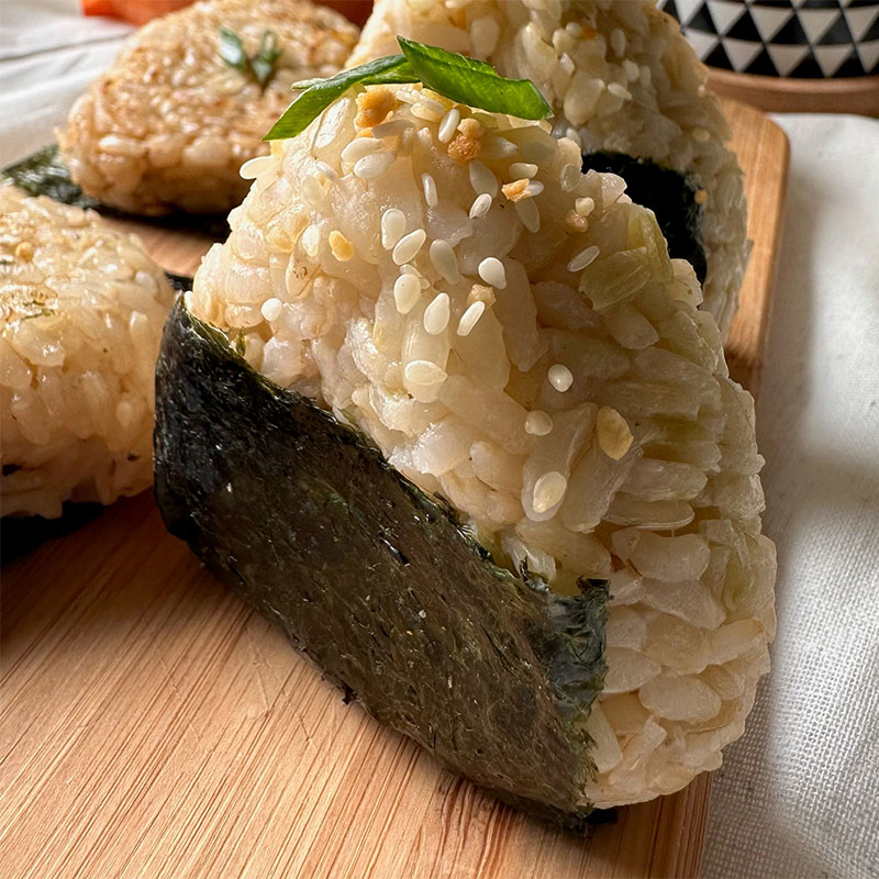 Zoomed in image of a platter of Mushroom Onigiri.