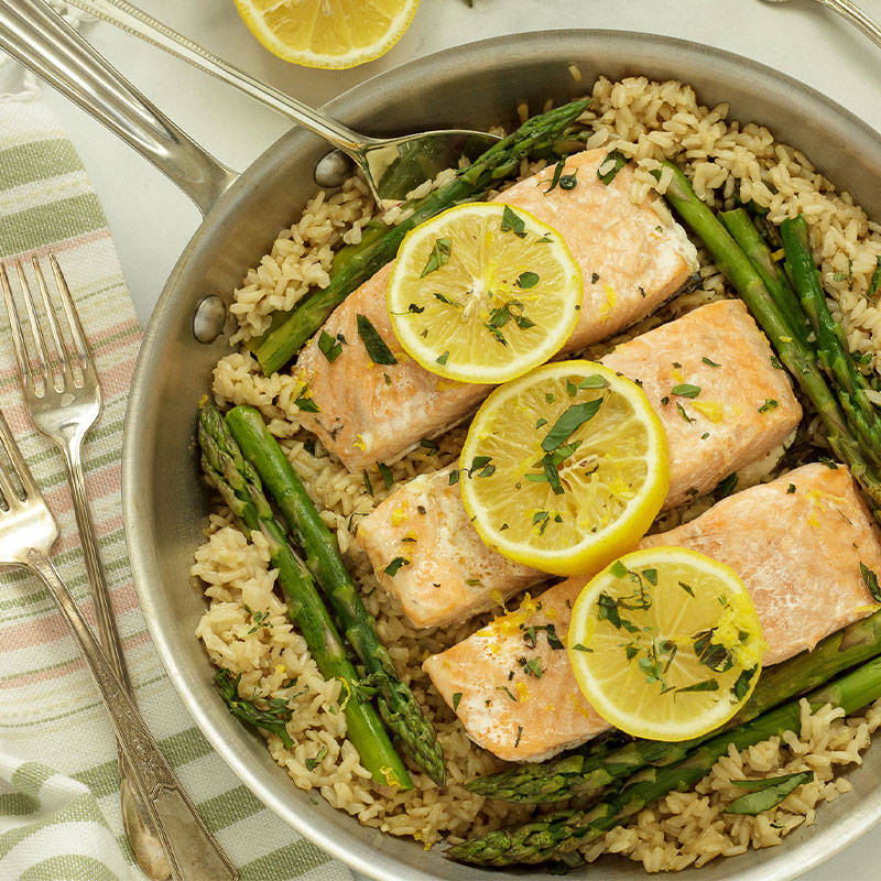 Zoomed in image of a One Pan Lemon-Herb Rice with Salmon recipe.