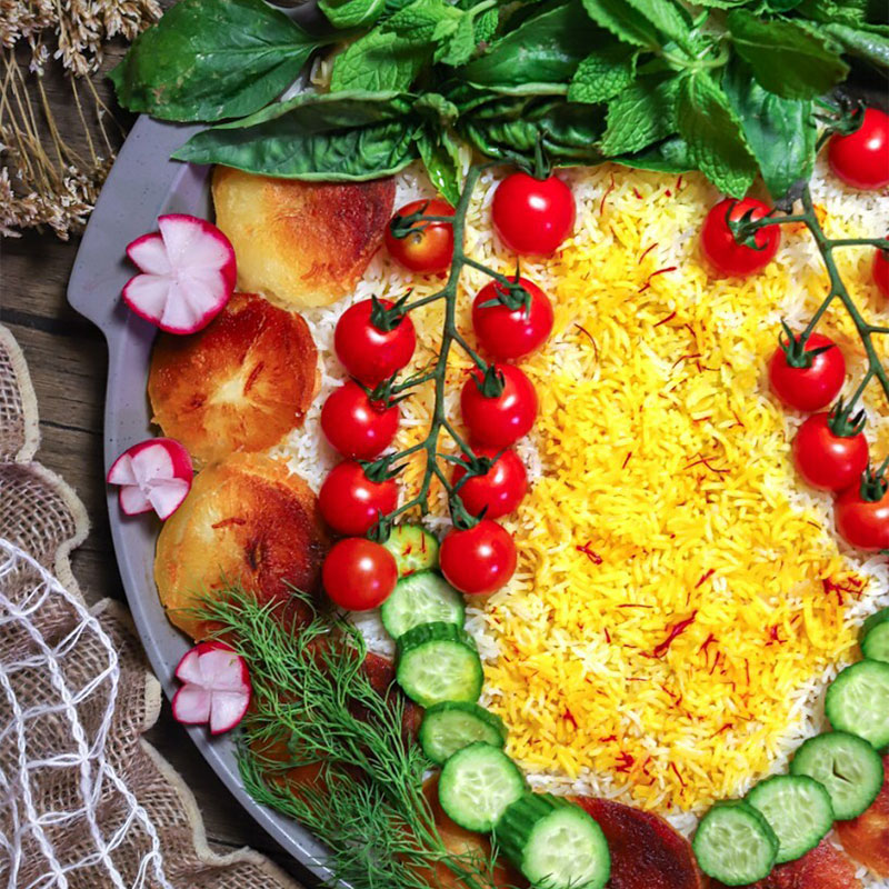Overhead view of a platter of Persian Polo.
