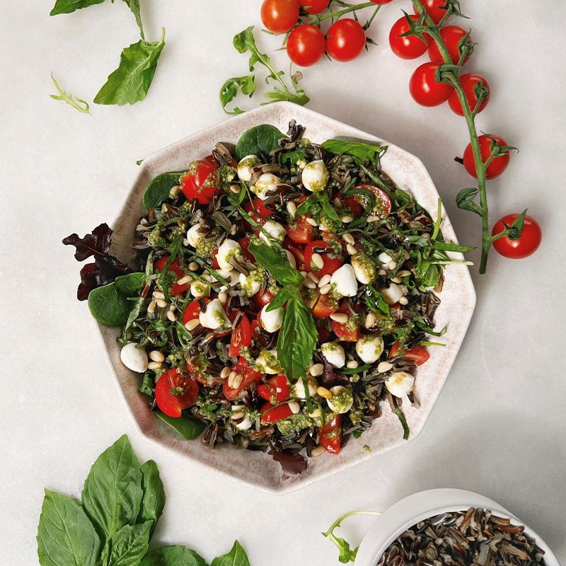 Pesto Wild Rice Caprese Salad Overhead view of Pesto Wild Rice Caprese Salad