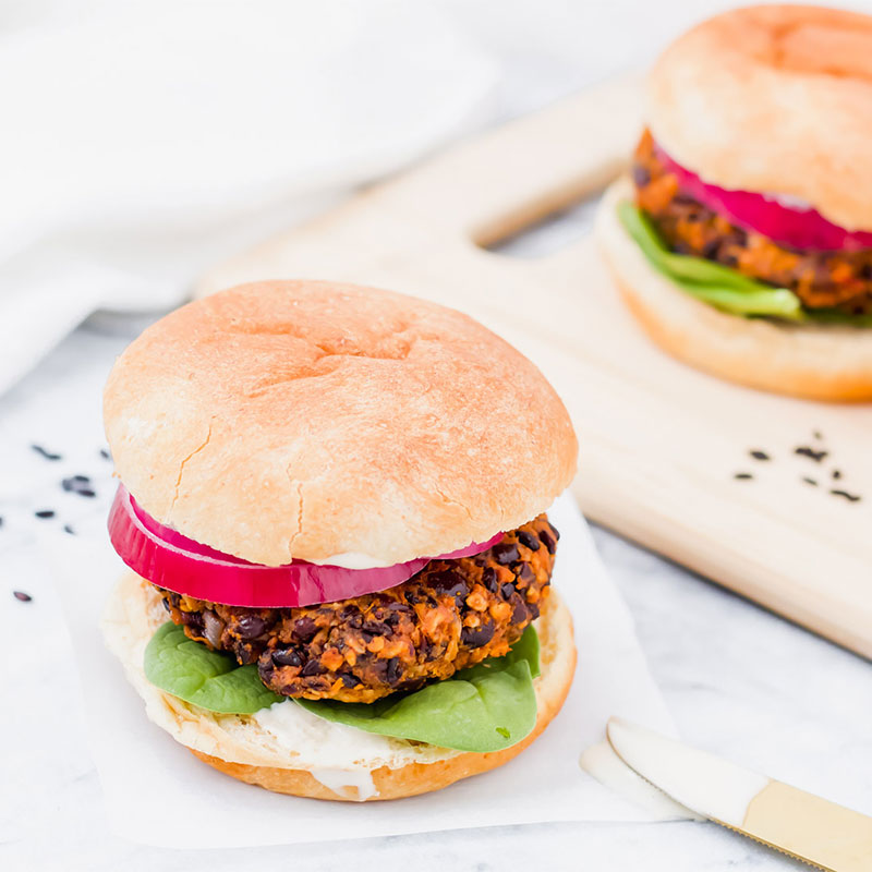 Purple Rice Burger with Garlic Aioli Overhead shot of a Purple Rice Burger with Garlic Aioli