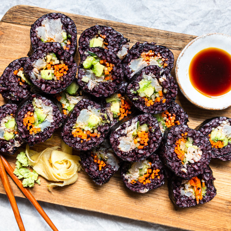 Overhead view of a platter of Purple Rice Sushi.