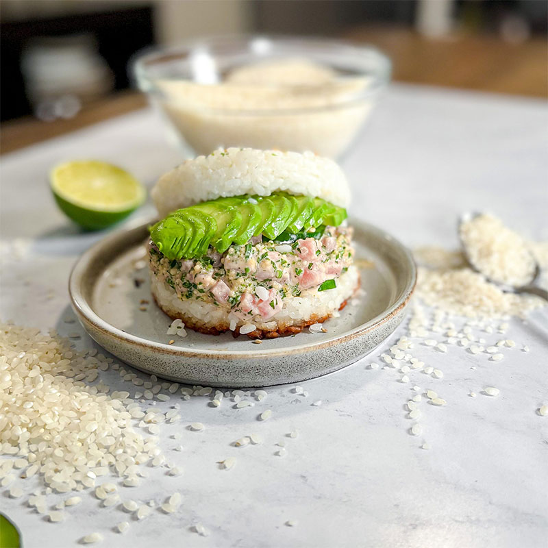 Rice Tuna Burger Side view of one Rice Tuna Burger.