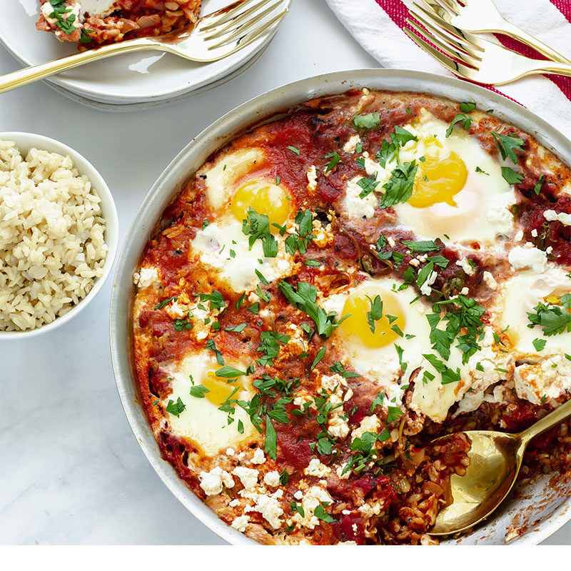 Shakshuka Overhead view of a large bowl of Shakshuka.