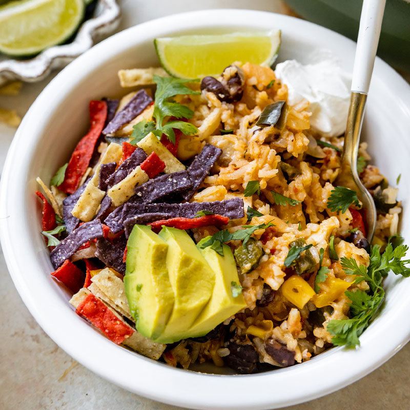 Zoomed in view of a Southwest Chicken Rice Bowl.