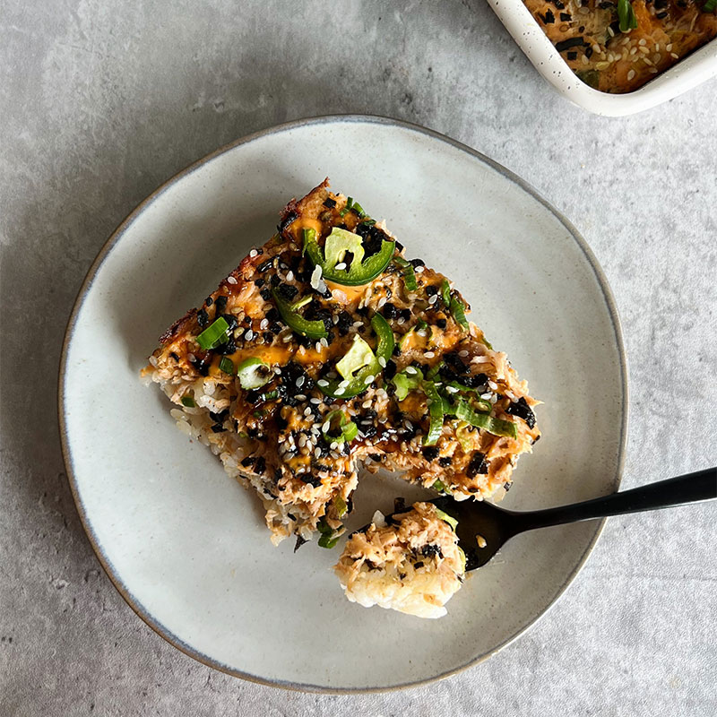 Spicy Salmon Sushi Bake A plated serving of Spicy Salmon Sushi Bake.