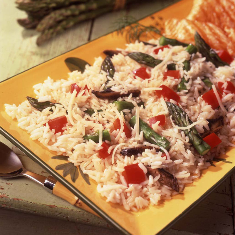 A platter of Springtime Rice with peppers and asparagus showing.