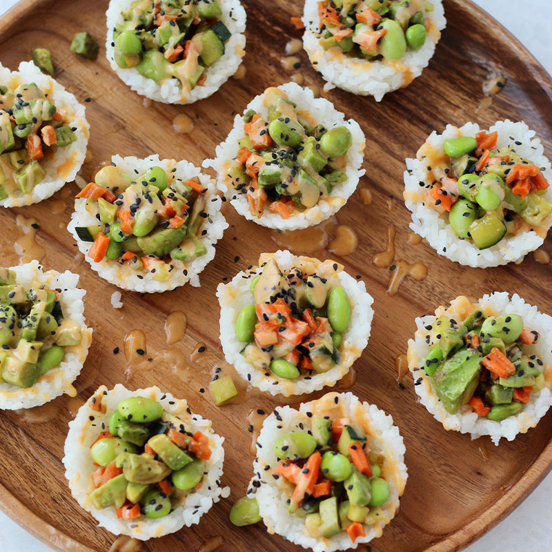 Sushi Cups Overhead image of a platter of Sushi Cups.