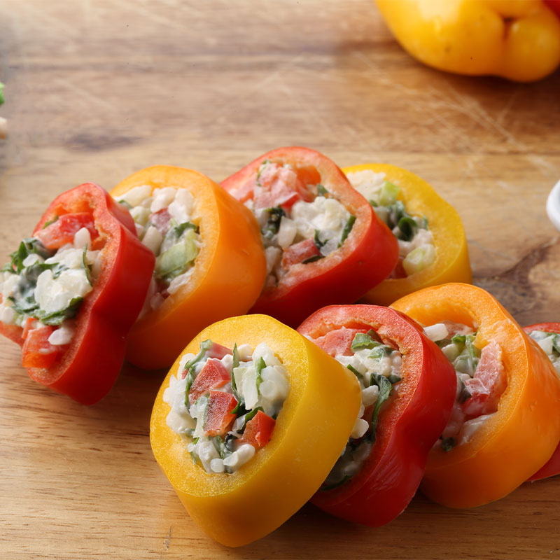 Zoomed in shot of eight Sweet Pepper Sushi cuts.