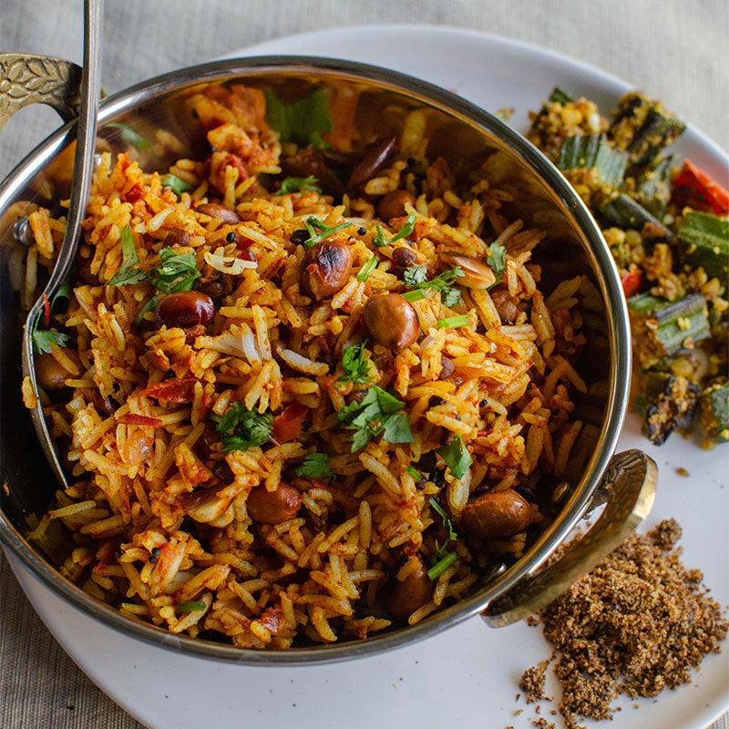 Overhead view of a serving of Tomato Rice.