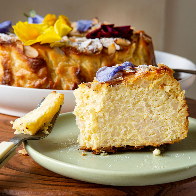 Side image of a plated slice of Torta di Riso.