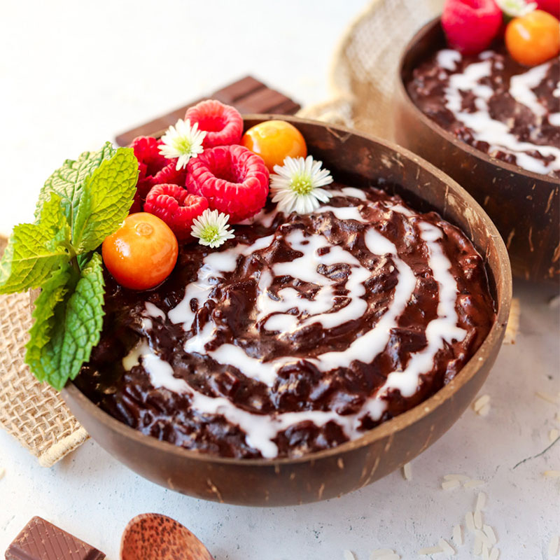 Overhead view of a bowl of Vegan Champorado.