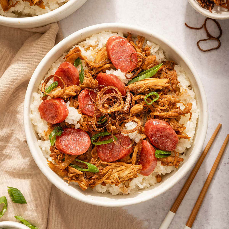 Overhead view of a bowl of Vietnamese Sticky Rice with Chicken.