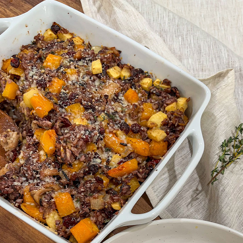 Wild Rice Casserole with Butternut Squash and Cranberries Side view of Wild Rice Casserole with Butternut Squash and Cranberries.