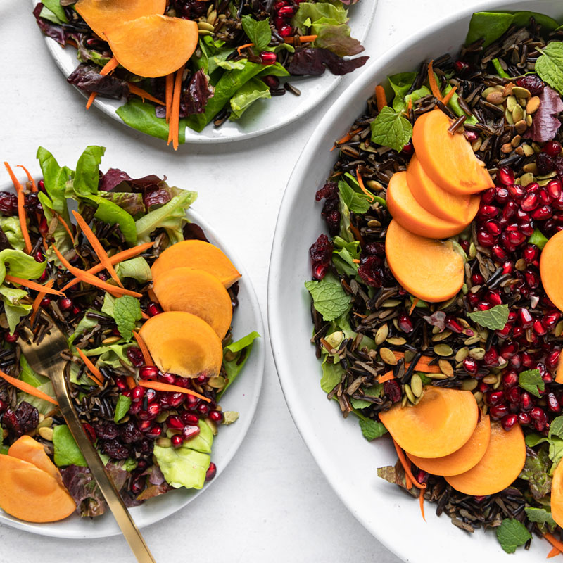 Overhead image of a serving bowl full of Wild Rice holiday salad and two smaller plates of the salad.