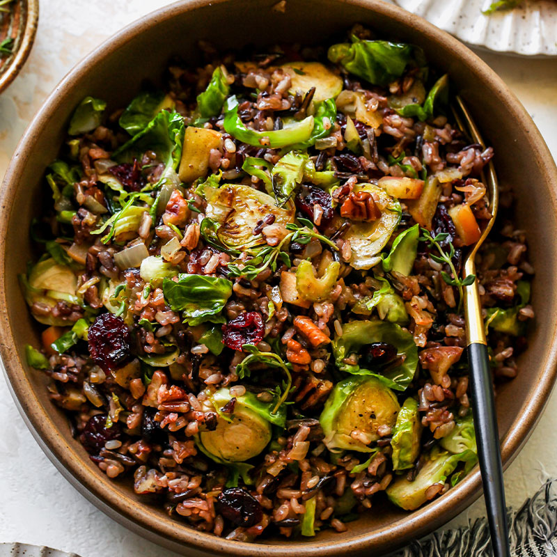 Overhead view of a bowl of Wild Rice Pilaf.