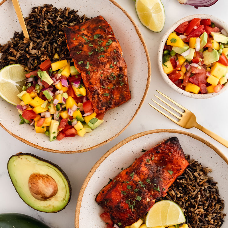 Overhead image of Wild Rice Power Bowls with Salmon.