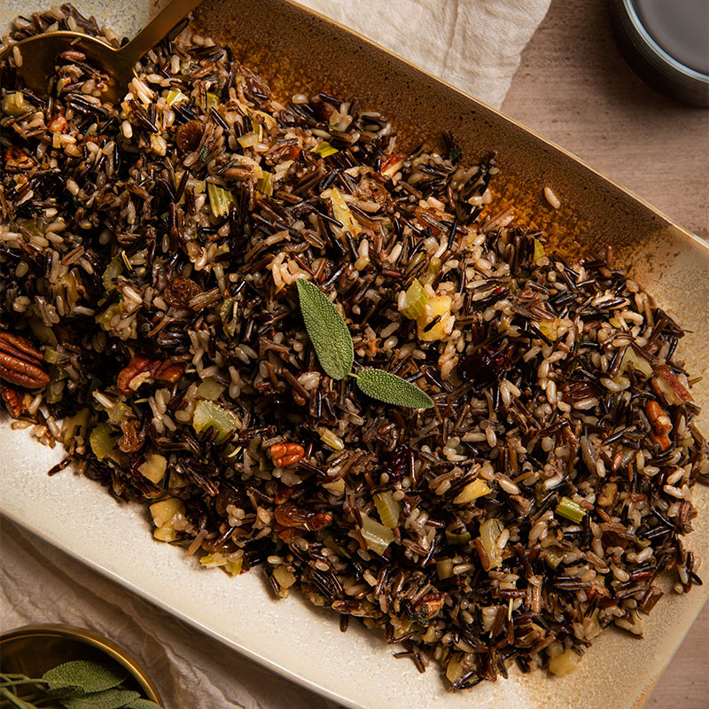 Overhead image of a tray of Wild Rice Stuffing.