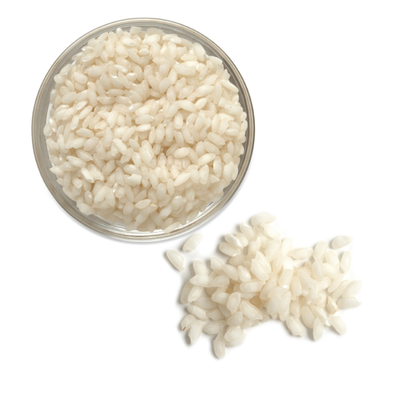 Arborio Overhead view of uncooked U.S. Arborio rice.