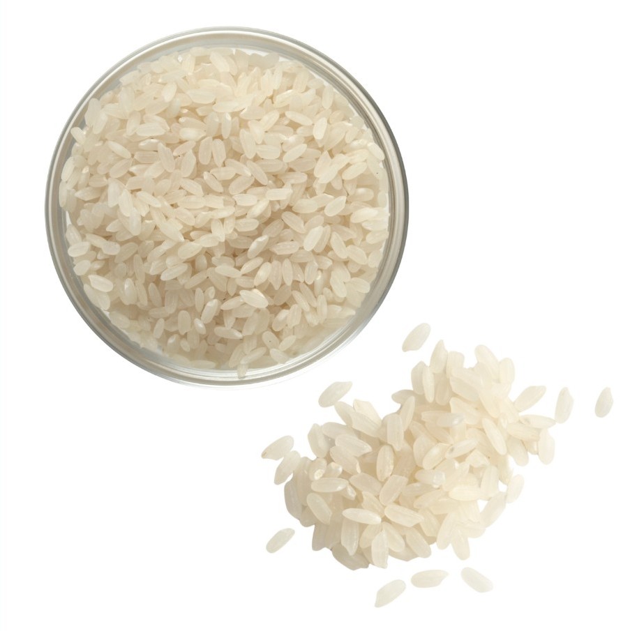 Ariel view of Calrose Rice in a bowl and as loose grains.