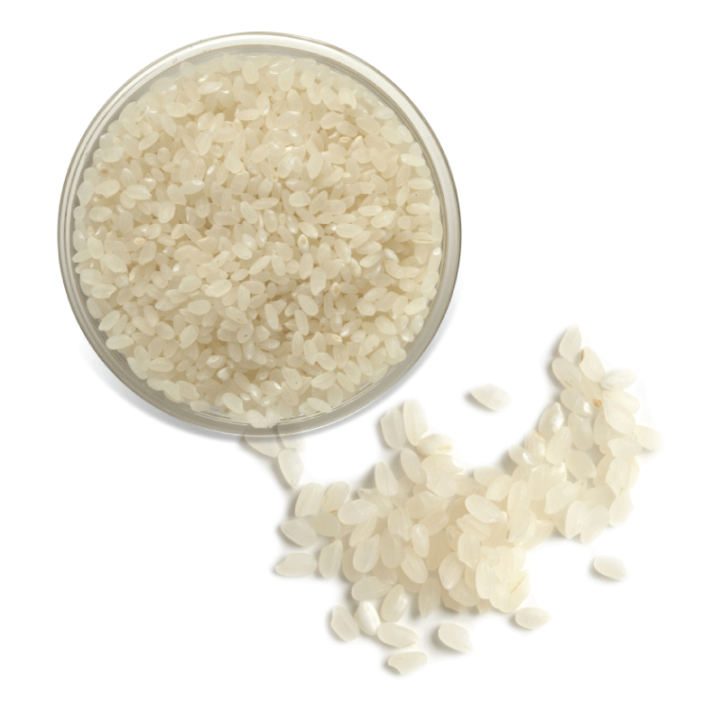 Overhead view of uncooked short grain rice.