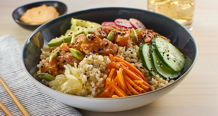 Poke Bowl Side view of poke rice bowl.