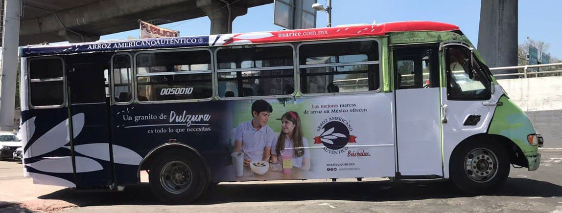 USA Rice advertising plastered on bus in Mexico