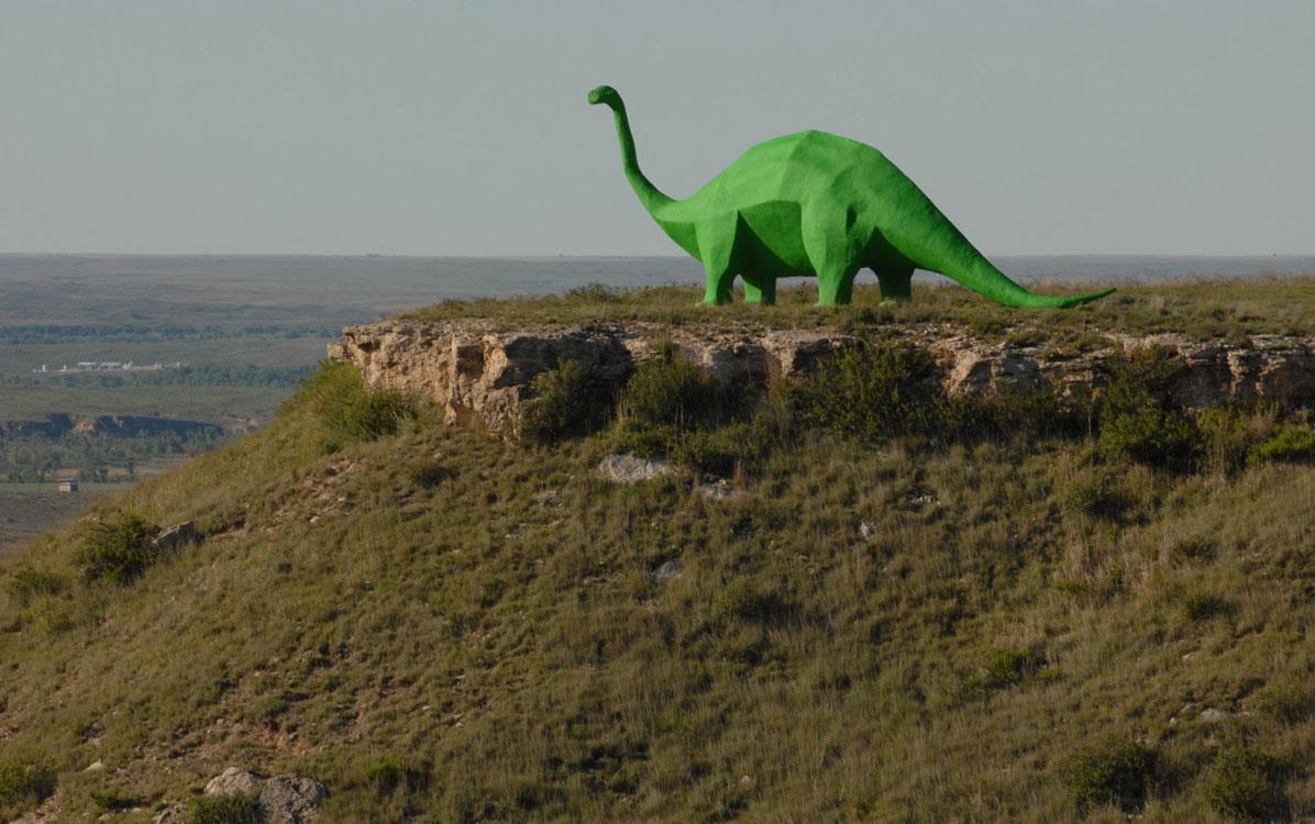 Audrey, the-Dinosaur sculpture, stands on mesa overlooking Canadian-TX