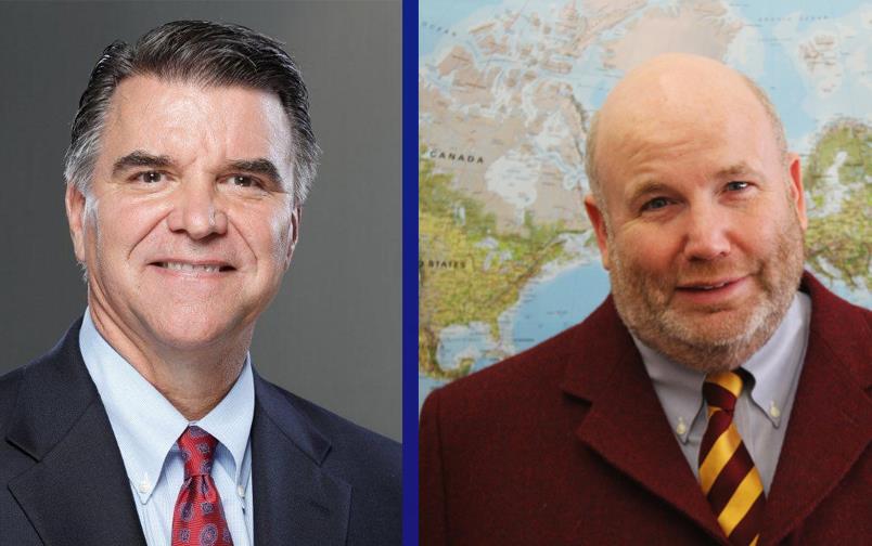 Headshots of two white men wearing business suits, one on left is clean shaven with graying temples, one on right stands in front of a world map andhas a beard and is bald