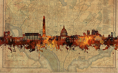 DC skyline painted on vintage city map, by Bekim M