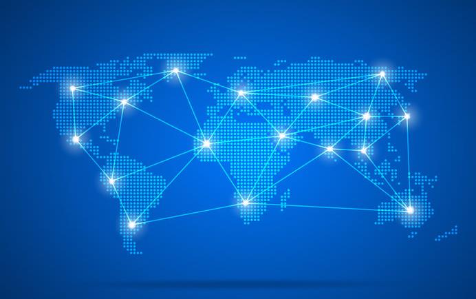 Global map in blue dots with major cities as larger, brighter dots connected by lines