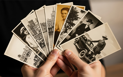 Hands hold vintage photos fanned out