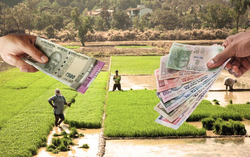 People planting rice in irrigated field flanked by hands holding Indian money