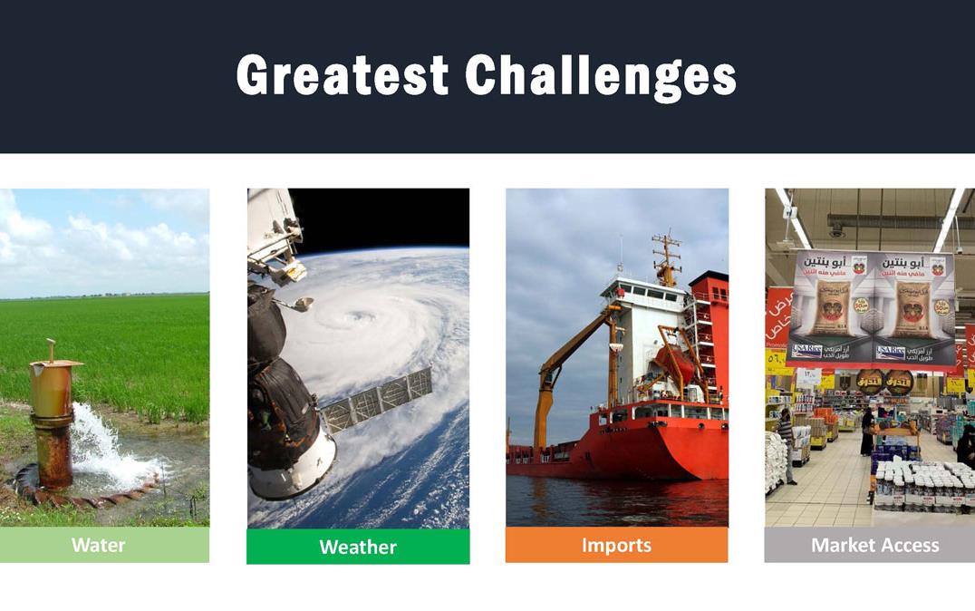 Slide shows "greatest challenges:" water, weather, imports, and market access