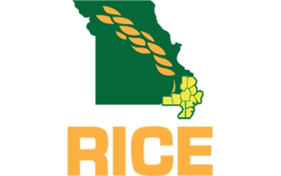 MO Rice Council logo, state map with rice counties highlighted in Bootheel