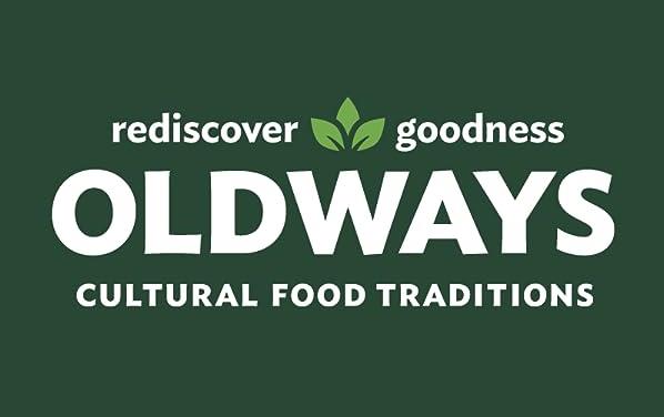 Oldways logo, white text on dark green background, Rediscover Goodness