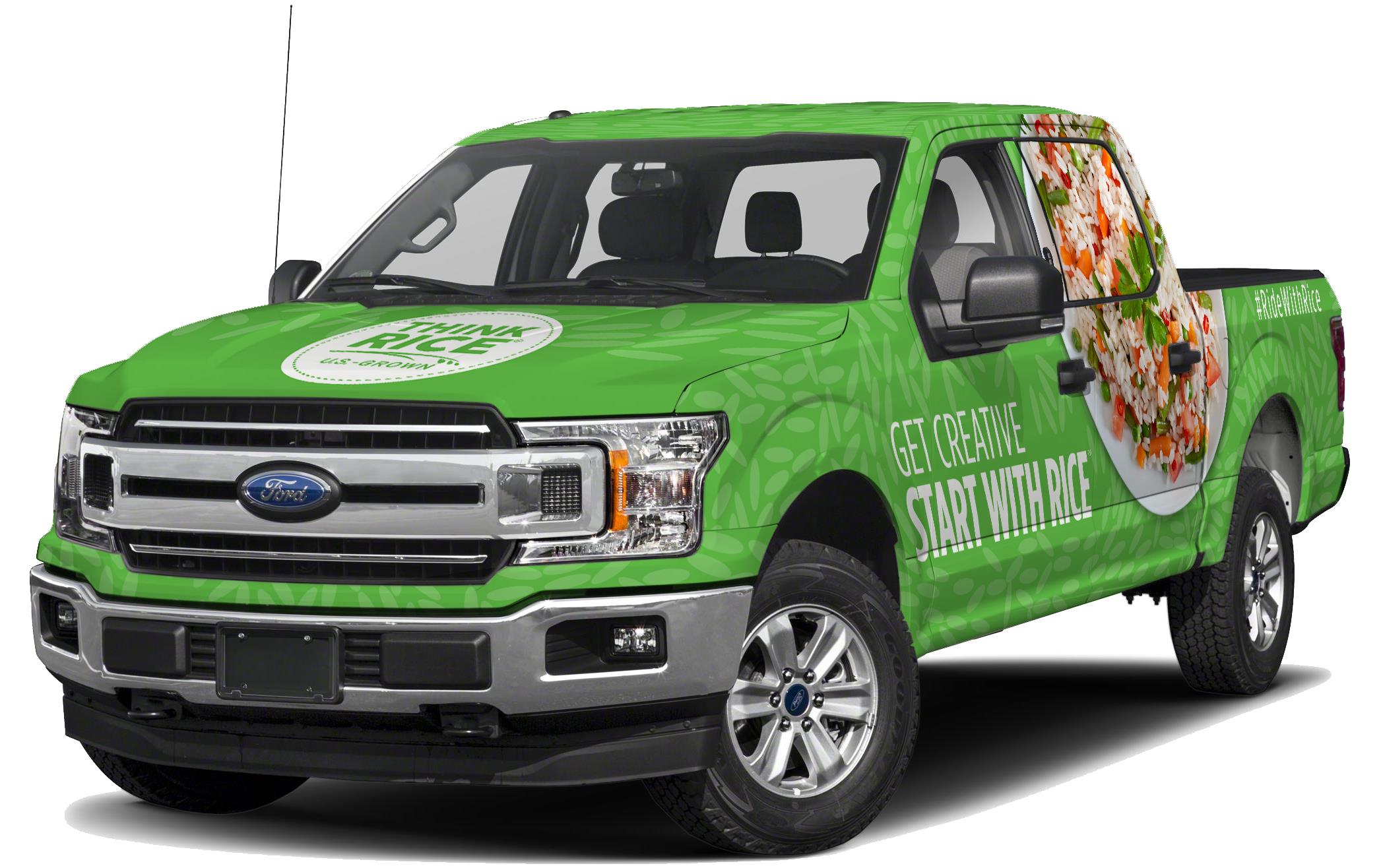 Green Ford pickup truck with decals saying "Think Rice," "Get Creative Start with Rice" and a large photo of rice bowl covering back passenger window