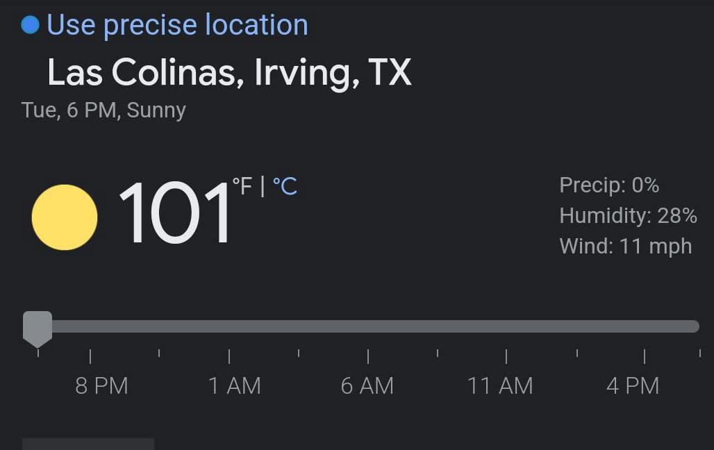 Triple digit weather report for Las Colinas TX
