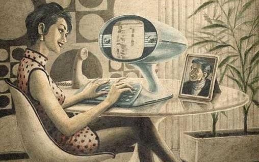 Vintage computer ad shows fashionably dressed woman seated in front of mod computer 