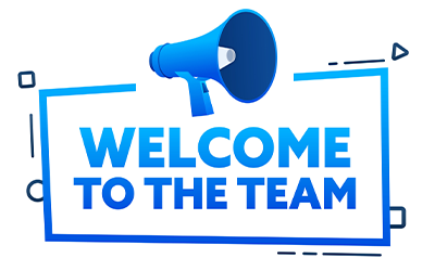 Welcome to the Team graphic, blue text on white background with megaphone