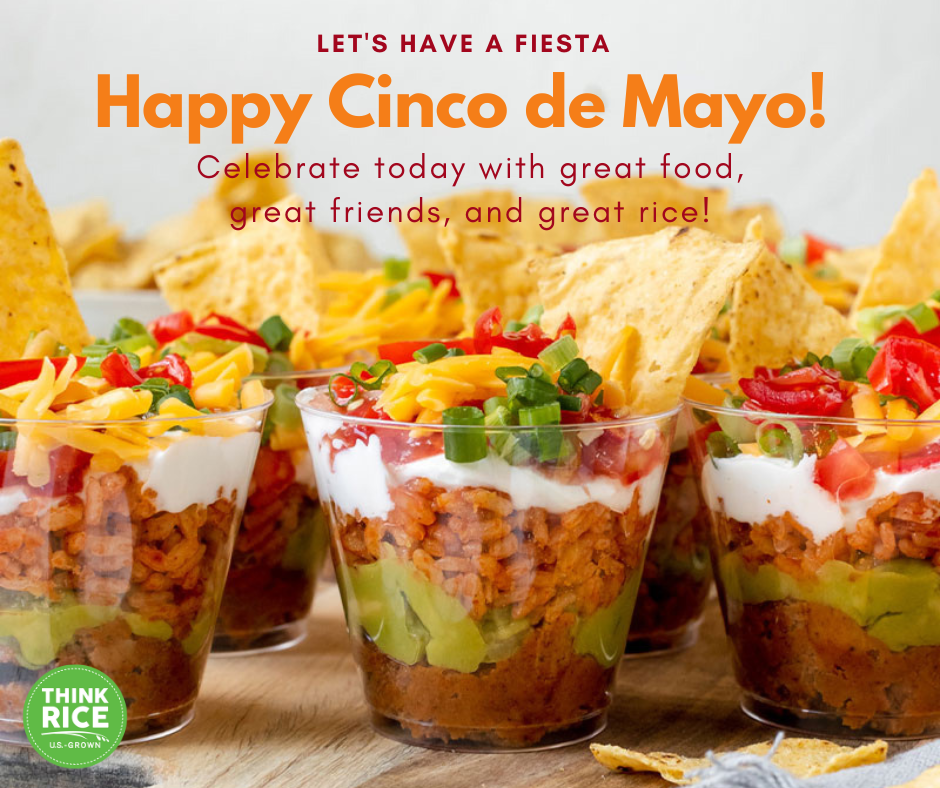 2023 Happy Cinco de Mayo graphic with cups of seven-layer rice dip garnished with chips, green onions, cheddar cheese, and tomatoes