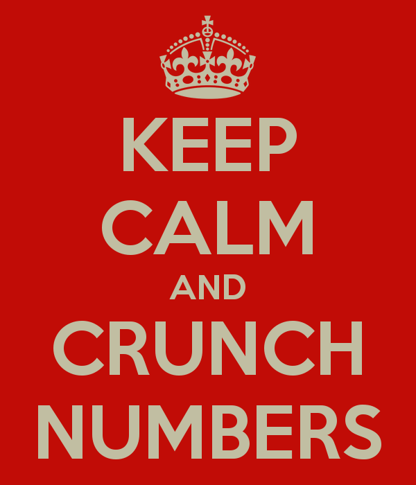 Poster with red background and tan text "Keep Calm and Crunch Numbers"