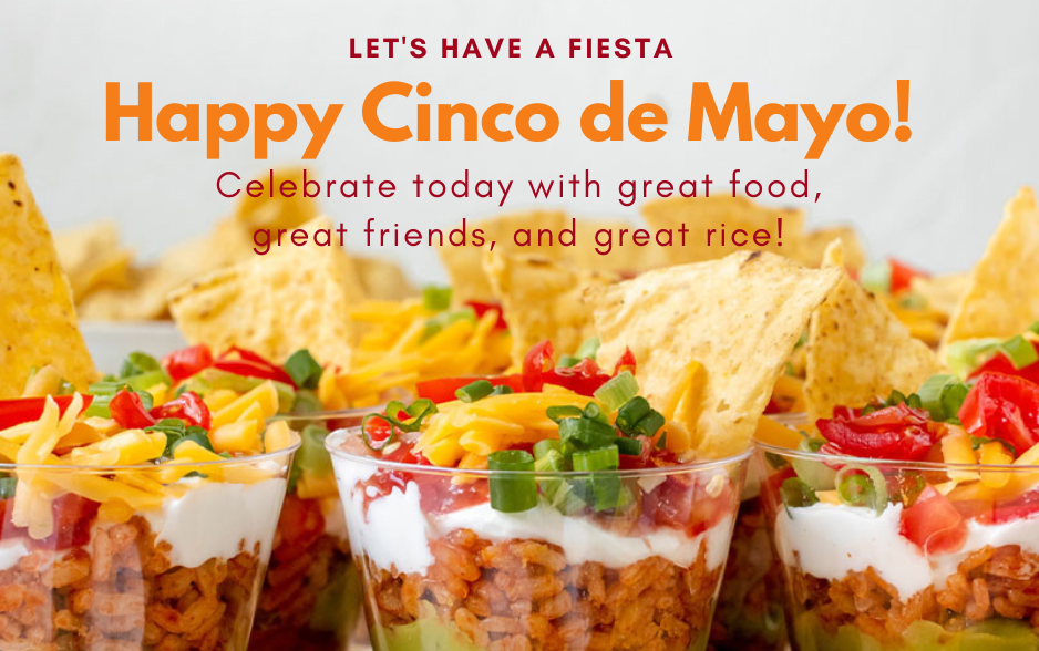 2023 Happy Cinco de Mayo graphic with cups of seven-layer rice dip garnished with chips, green onions, cheddar cheese, and tomatoes