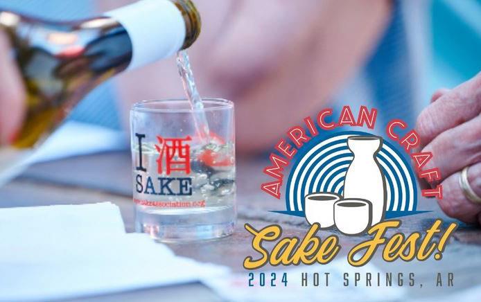 2024 Sake Festival, pouring sake into glass, festival logo to right of photo