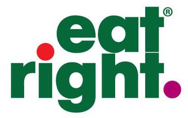 Words "eat right" in green text with red dot over the I and purple dot at the end of right