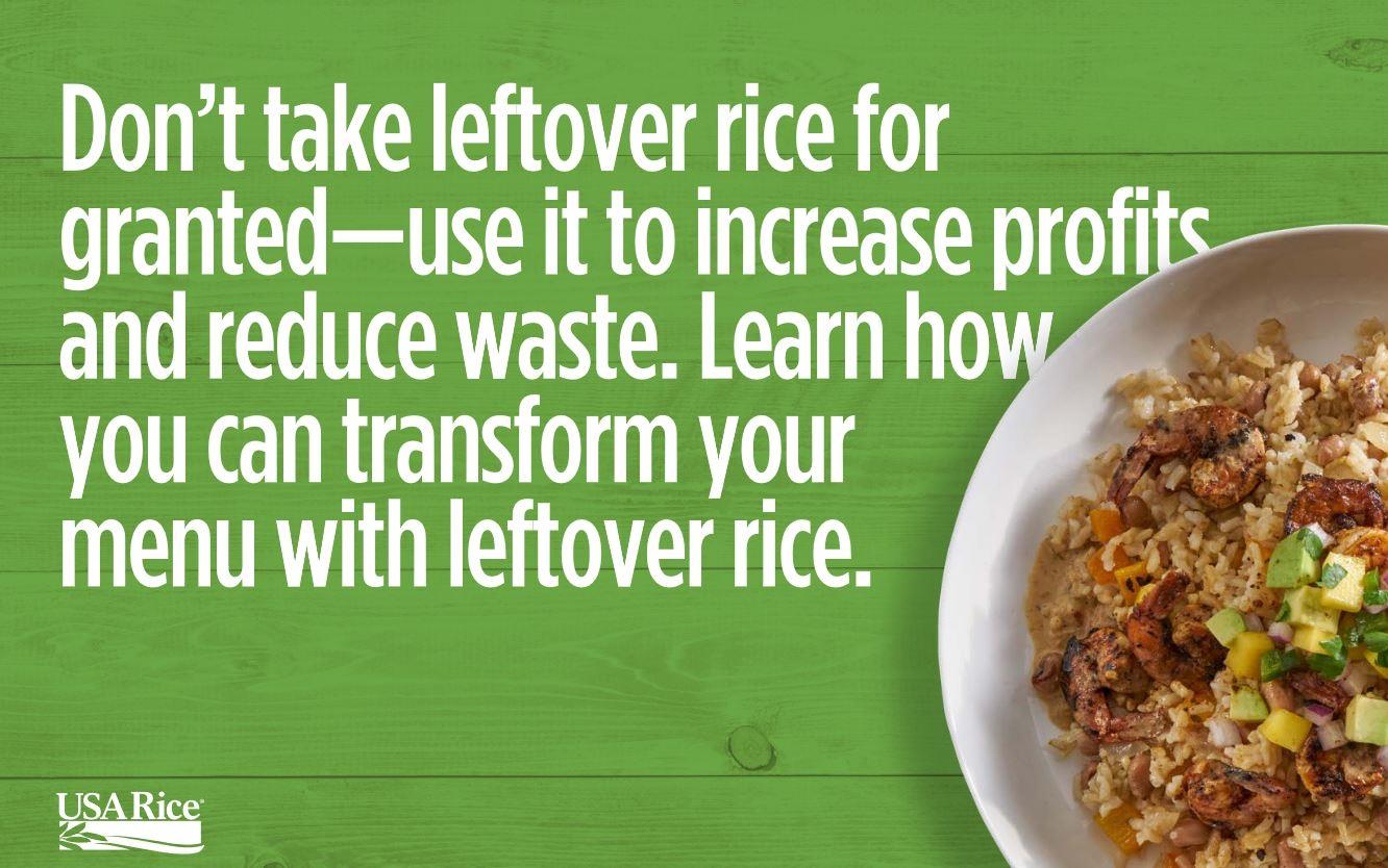 Leftover rice information text next to colorful rice bowl on green background