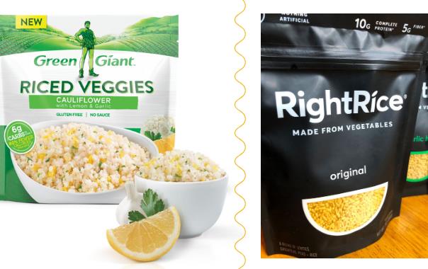 Dueling photos of Green Giant riced veggies and Right Rice made from vegetables