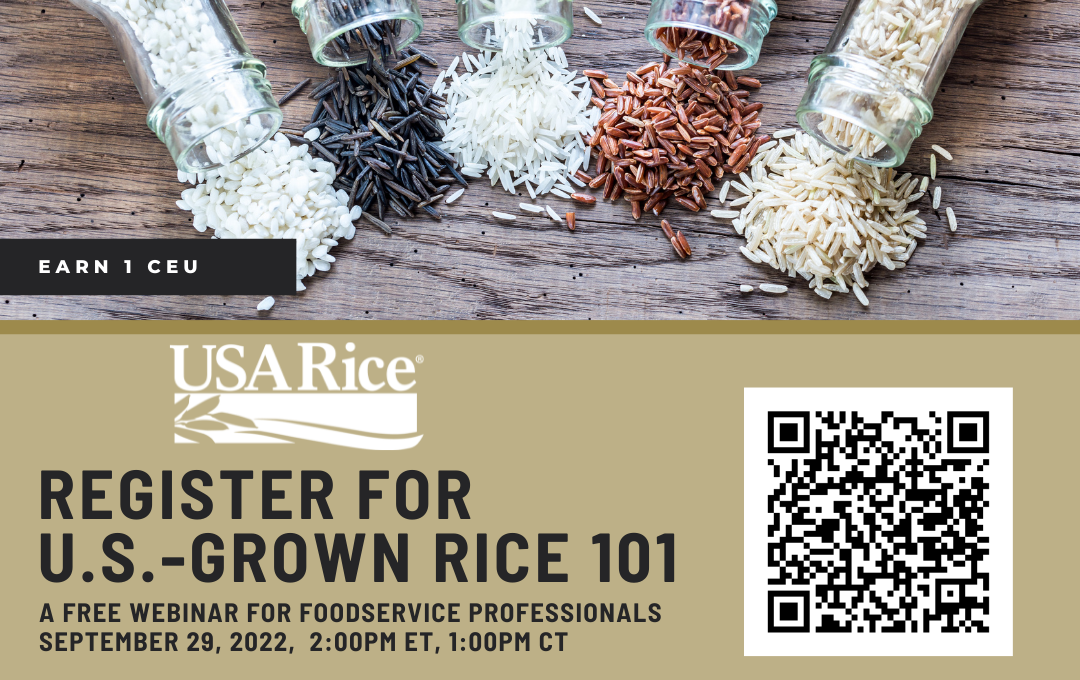 Rice 101 Seminar ad with bottles of different rice types & QR code